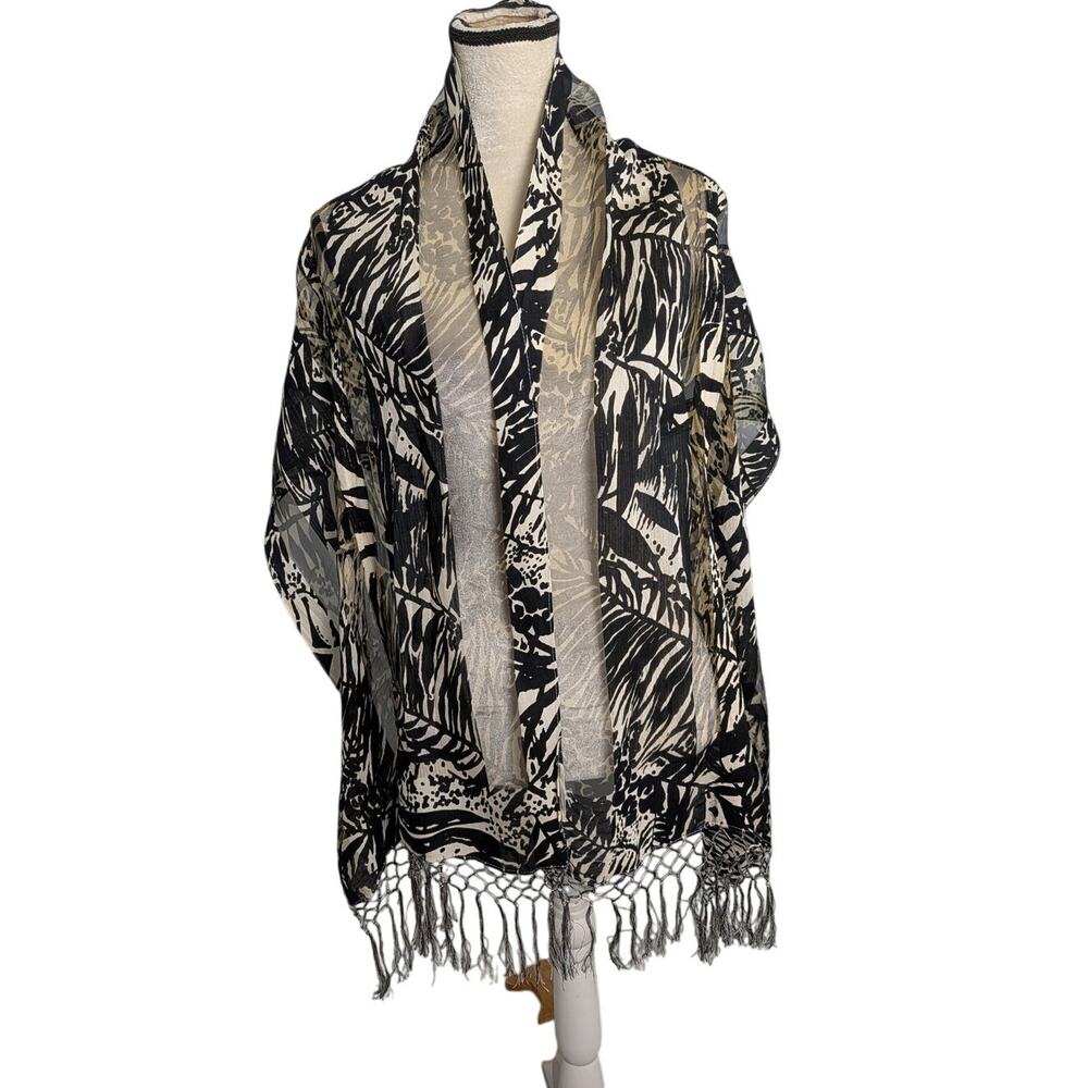 Coldwater Creek Botanical Tropical mixed Media Fringe Scarf Sheer Silk Viscose
